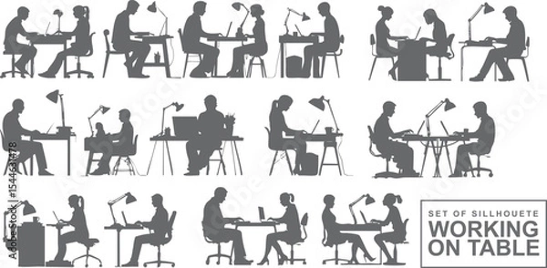 Fototapeta Silhouetted figure at a work desk with a glowing lamp and open laptop. Clean and minimalist, great for apps, blogs, or digital workspace-themed elements.