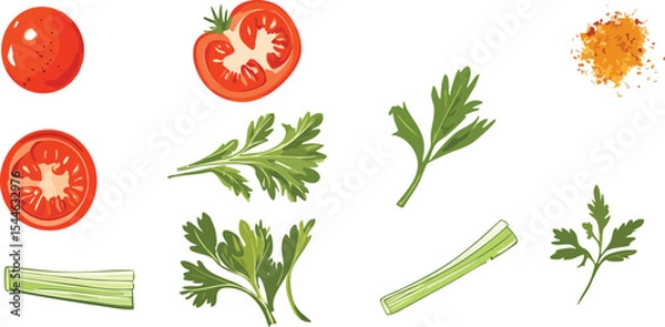 Fototapeta Collection of flat vegetable vectors: tomato, spring onion, shallot, and celery. Clean white background, perfect for farm-to-table visuals or organic food branding.