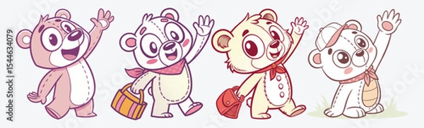 Fototapeta Adorable teddy bear characters waving and smiling perfect for children's books, nursery prints, educational designs vector.