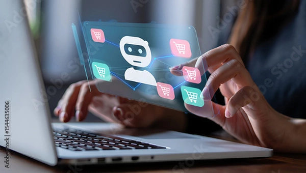 Fototapeta AI-Powered Online Shopping: Woman Using Smart Technology for E-commerce