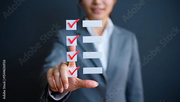 Fototapeta Woman in Gray Suit Interacting with Red Checkmark Checklist