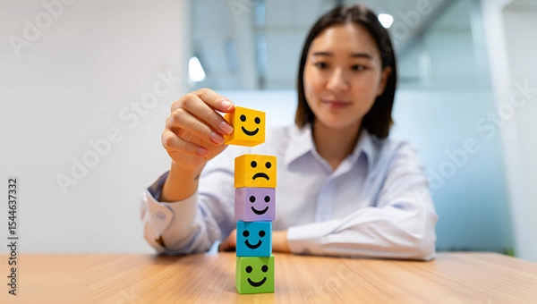 Fototapeta Woman placing yellow happy face cube on stack of colorful emotion blocks