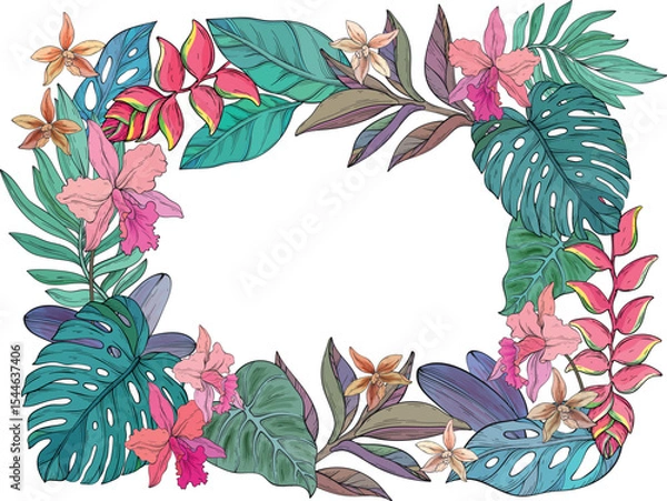 Obraz A detailed vector illustration of a tropical floral frame featuring orchids, heliconias, plumerias, and lush monstera leaves surrounding a white center
