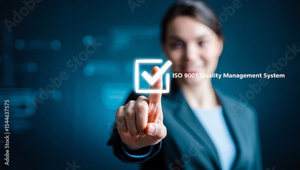 Fototapeta Woman Selecting I S O 9001 Quality Management System Checkmark