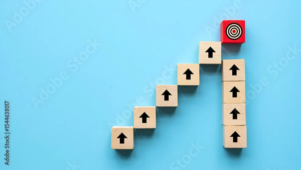 Fototapeta Wooden Blocks Staircase Leading to Red Target Goal
