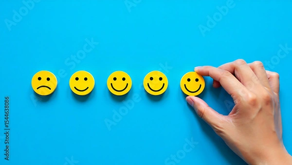 Fototapeta Yellow Smiley Face Feedback Rating Scale Hand Choosing Happy