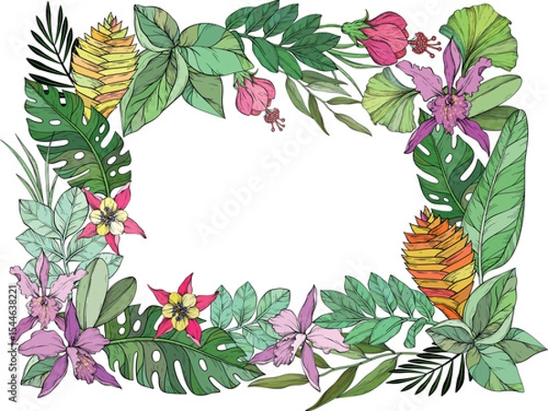 Obraz A vibrant vector illustration of a tropical floral frame featuring orchids, hibiscus, passion flowers, and ginger flowers surrounded by lush green leaves.