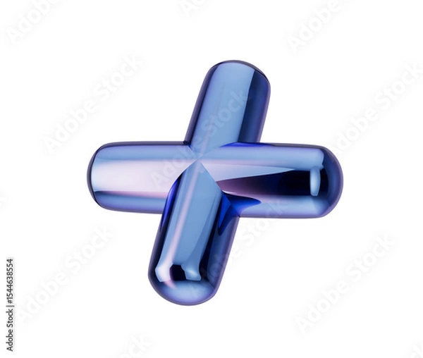 Fototapeta 3d Blue plus symbol with a smooth, reflective metallic surface and rounded edges. 3d illustration
