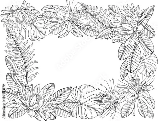 Obraz A outline vector illustration of a tropical floral frame with flowers and lush leaves arranged around the border