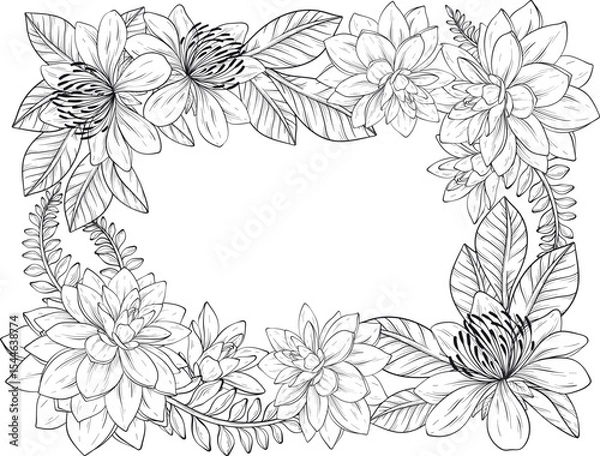 Obraz A outline vector illustration of a succulent floral frame featuring a variety of blooming flowers and lush leaves arranged in a decorative border