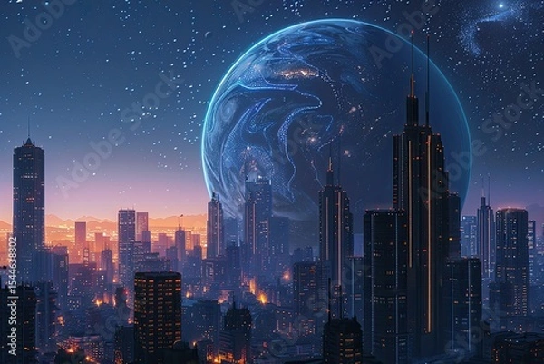 Fototapeta Premium Quality Visual of Giant Planet in Space with Futuristic City and Skyscraper Buildings