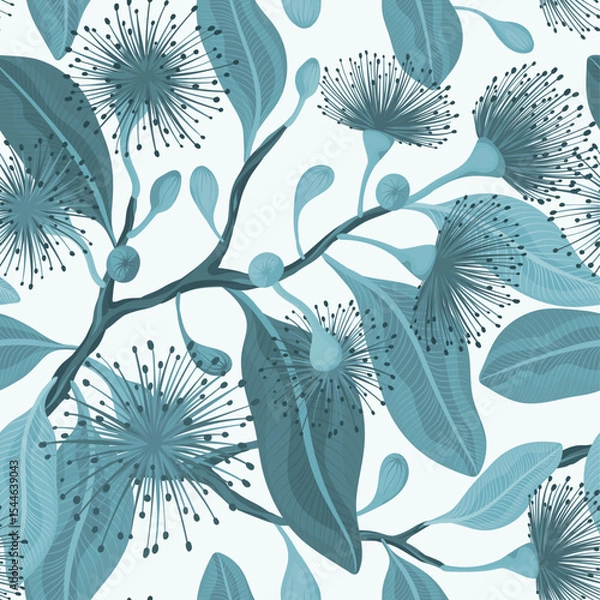 Obraz Seamless Monochrome blue pattern with leafy branches with purple fluffy eucalyptus flowers, vector illustration