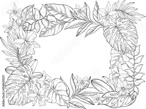 Obraz A detailed vector illustration of a tropical floral outlines frame featuring orchids, heliconias, plumerias, and monstera leaves surrounding a white center