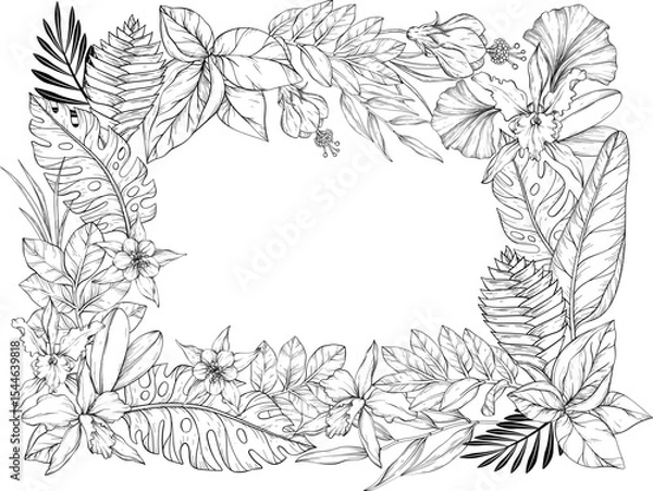 Obraz A outlines vector illustration of a tropical floral frame featuring orchids, hibiscus, passion flowers, and ginger flowers surrounded by leaves.