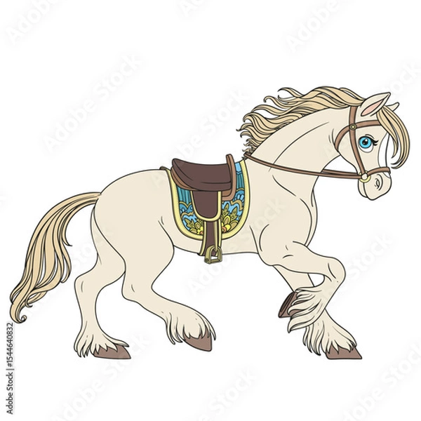 Obraz Cute cartoon horse harnessed in a harness runs forward on a white background