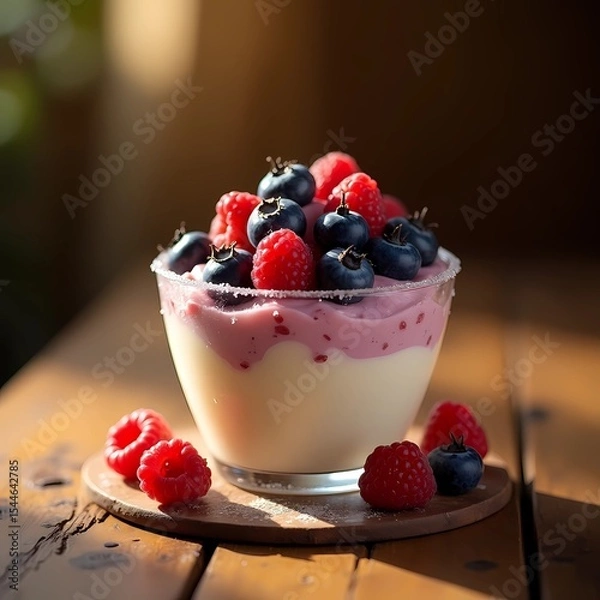 Obraz vanilla frozen yogurt with blueberries and raspberries in a glass cup, sitting on a textured wooden table with cozy ambient lighting behind