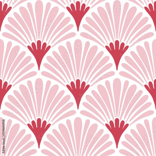 Fototapeta Hand drawn seamless pattern with semi-circular fan shapes abstract flowers in a marine style, scalloped pink and red floral elements on white background. Ideal for textiles, wallpapers, and interior 