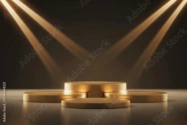 Fototapeta Four empty round gold podiums are displaying products on a dark background with dramatic lighting