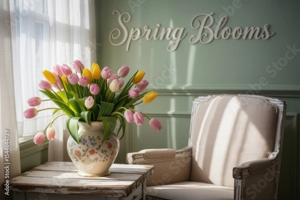 Fototapeta A photograph showcasing a cozy spring interior scene featuring a vase filled with vibrant tulips