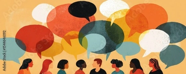 Fototapeta Diverse group of people engaging in conversation with colorful speech bubbles representing communication, dialogue, and connection among individuals