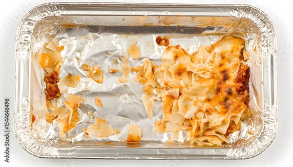 Obraz Empty aluminium foil tray isolated, lasagne food remains in dirty packaging for heating, food waste