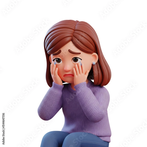 Fototapeta 3d illustration of a young woman feeling anxious and worried with face in hands on transparent background.