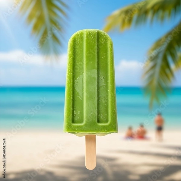 Obraz  A single bright green matcha popsicle, presented against a blurred background of a sunny beach scene