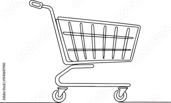 Fototapeta continuous line drawing of a shopping cart with wire basket and wheels in side profile view