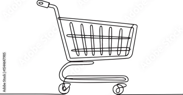 Fototapeta continuous line drawing of a shopping cart with wire basket and wheels in side profile view