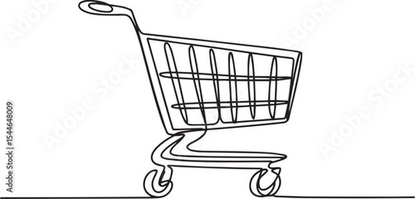 Fototapeta continuous line drawing of a shopping cart with wire basket and wheels in side profile view