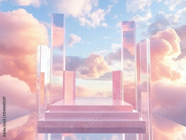 Fototapeta premium quality visual of Front view of transparent podium decorated with pinky cloudy sky background abstract content , high detail, 8k