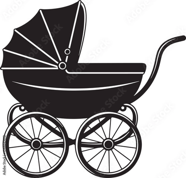 Fototapeta Vintage Baby Stroller Silhouette – Classic Retro Pram Design in Black and White with Large Spoked Wheels and Canopy