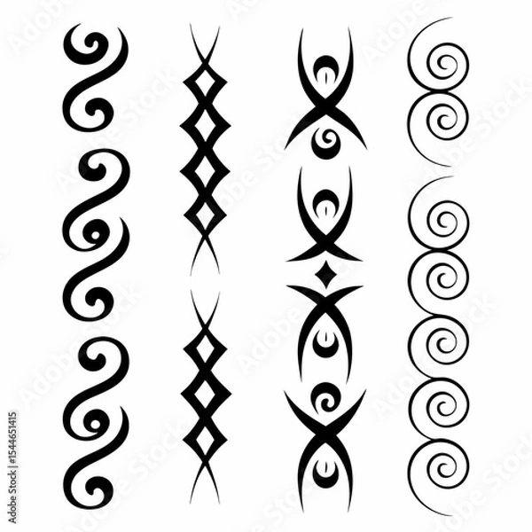Obraz Design a pack of authentic Maori tribal tattoo designs, showcasing intricate patterns and traditional symbols. Include variations in style and size.