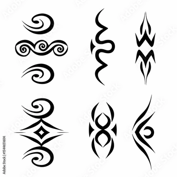 Obraz Design a set of iconic Mongolian tribal tattoo symbols;  include diverse elements like animals, geometric shapes, and spiritual motifs.  High resolution vector format.