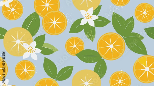 Fototapeta A pattern featuring orange and lemon slices with leaves and white flowers on a light blue background