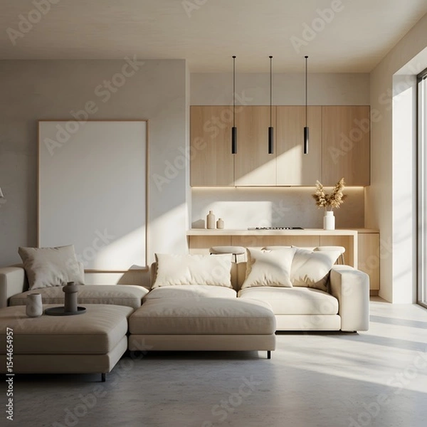 Fototapeta Modern minimalist living room with open kitchen