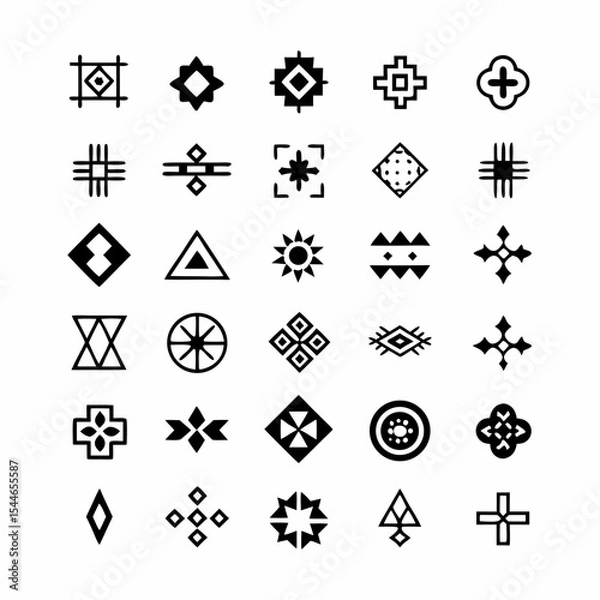 Obraz Create a collection of vector icons depicting traditional tribal tattoo symbols, emphasizing diverse cultural origins and stylistic variations.  Include both geometric and figurative designs.