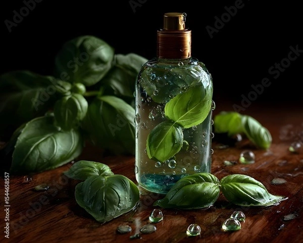Fototapeta Glass bottle filled with water and basil leaves, surrounded by fresh basil on a wooden surface