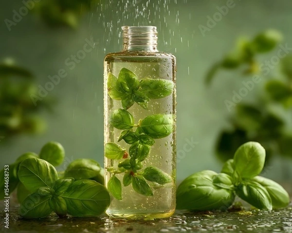 Fototapeta Fresh basil leaves submerged in a clear bottle of oil, with droplets falling in a serene green setting
