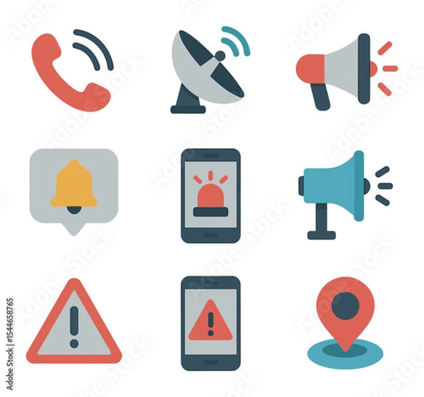 Fototapeta Emergency Communication Icons. Flat icon set of emergency communication systems: 911 call icon, satellite dish