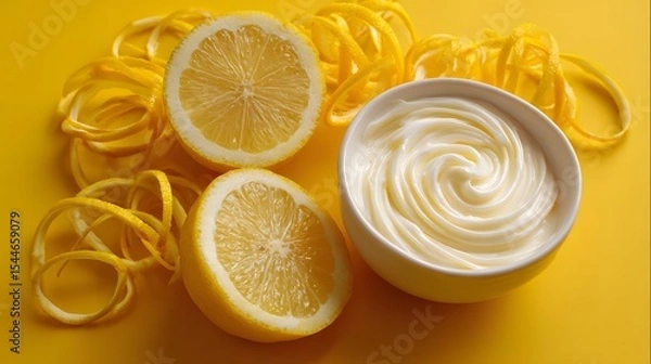 Fototapeta Fresh lemons and creamy lemon sauce on a vibrant yellow background, ideal for culinary presentations