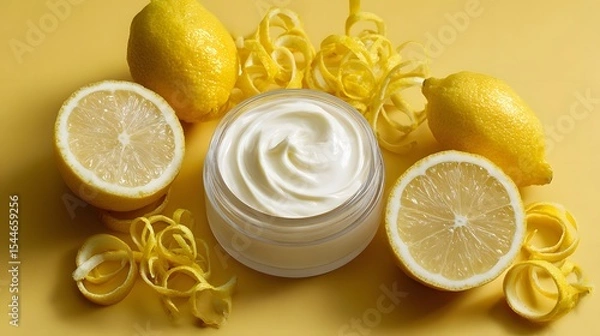 Fototapeta Creamy lemon skincare product surrounded by fresh lemons and lemon peels on a vibrant yellow backdrop