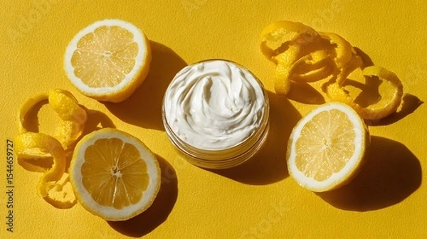 Fototapeta Creamy lemon-scented moisturizer surrounded by fresh lemon halves and peels on a vibrant yellow backdrop