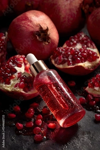 Fototapeta Close-up of a glass dropper bottle with pomegranate oil surrounded by fresh pomegranates and seeds