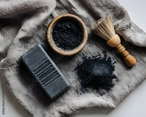 Fototapeta Natural black soap and charcoal powder arranged on a textured fabric with a brush nearby