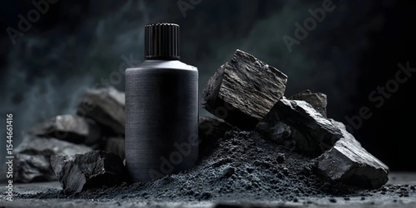 Fototapeta Dark bottle on a textured surface surrounded by charcoal pieces and powder, evoking a dramatic atmosphere