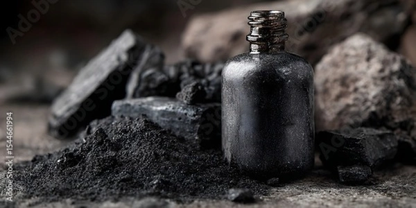 Fototapeta Close-up of a vintage black bottle surrounded by charcoal and rocks, evoking a rustic atmosphere