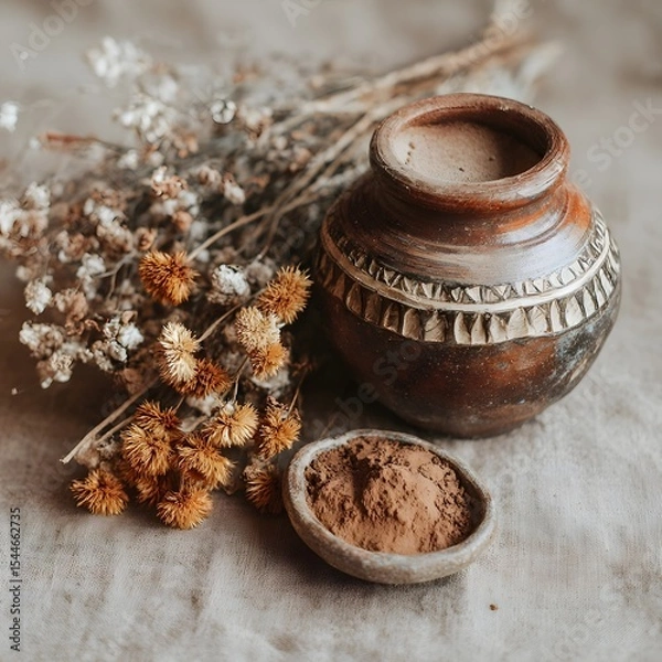 Fototapeta Rustic clay pot with earthy powder beside dried flowers on textured fabric background