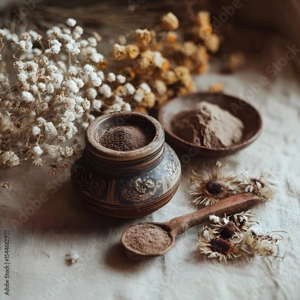 Fototapeta Rustic clay pot filled with brown powder beside a wooden spoon and dried flowers on a textured fabric