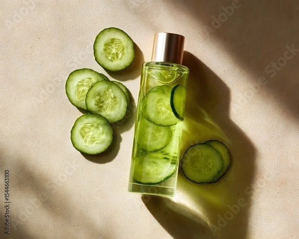 Fototapeta Refreshing cucumber-infused skincare product with sliced cucumbers on a soft surface, evoking tranquility